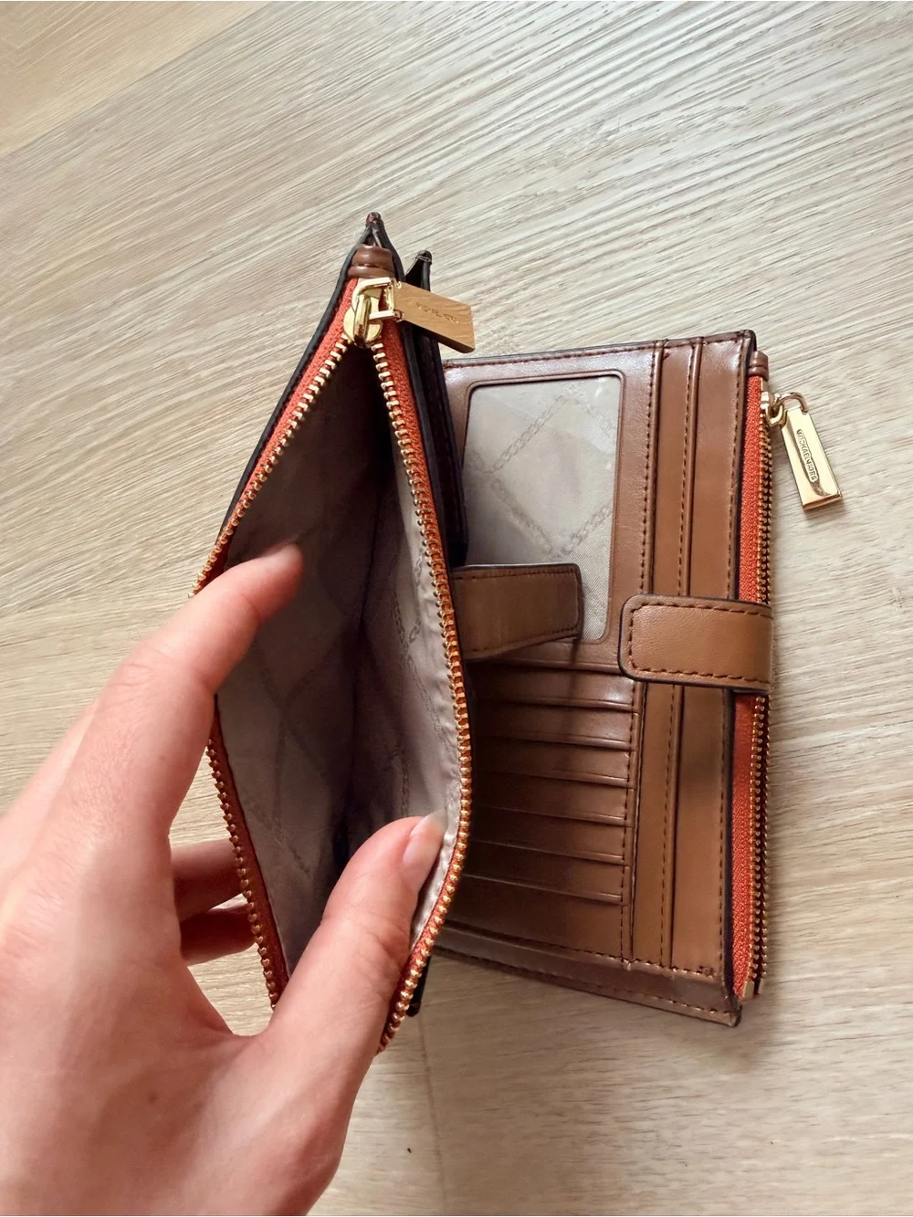 NWOT Michael Kors Adele Double Zip Smartphone Wallet Logo Stripe Red Brown